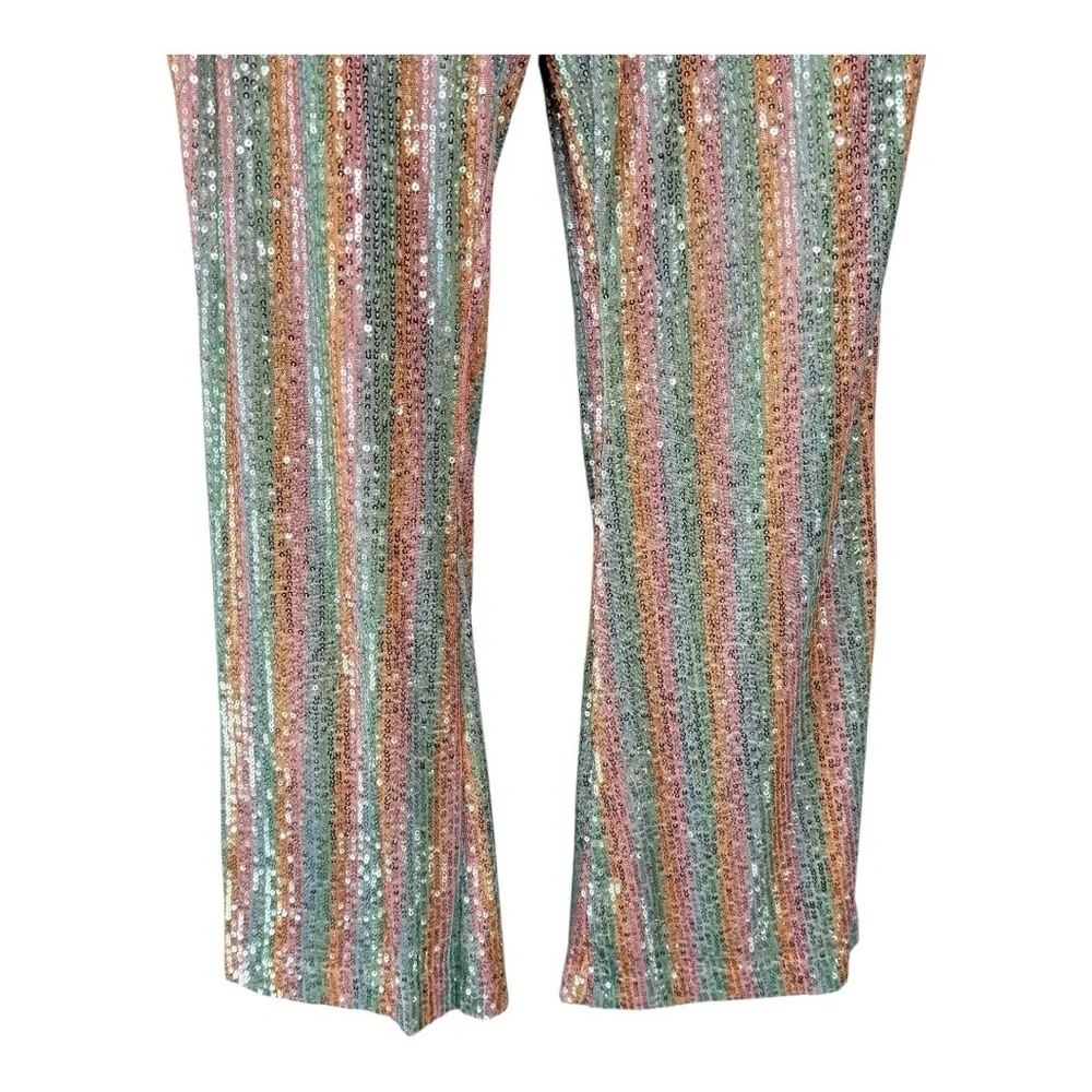 Chelsea & Violet Girls Sequin Bell Bottom Pink Silver Rainbow Pants NEW Size L